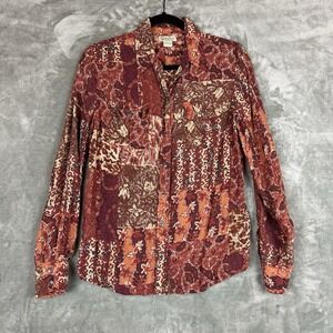 Lucky Brand Blouse Top Women's M Multicolored Red Floral Patchwork 100% Silk